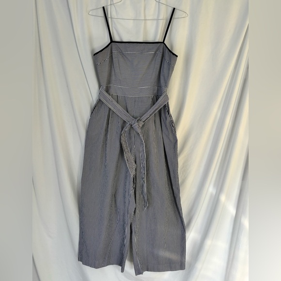 J.Crew Blue White Pinstripe Jumpsuit Tie Waist Size 10 - Picture 2 of 4